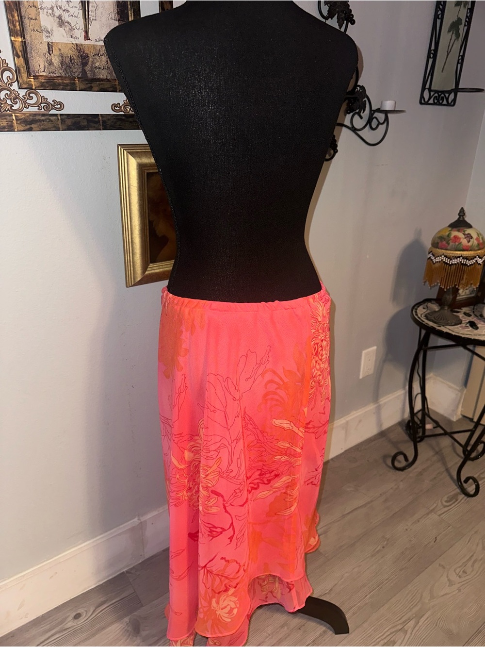 Vintage Y2K Fairy Pink Orange Maxi Skirt Ruffle Hem Elastic Waist, Size 12P